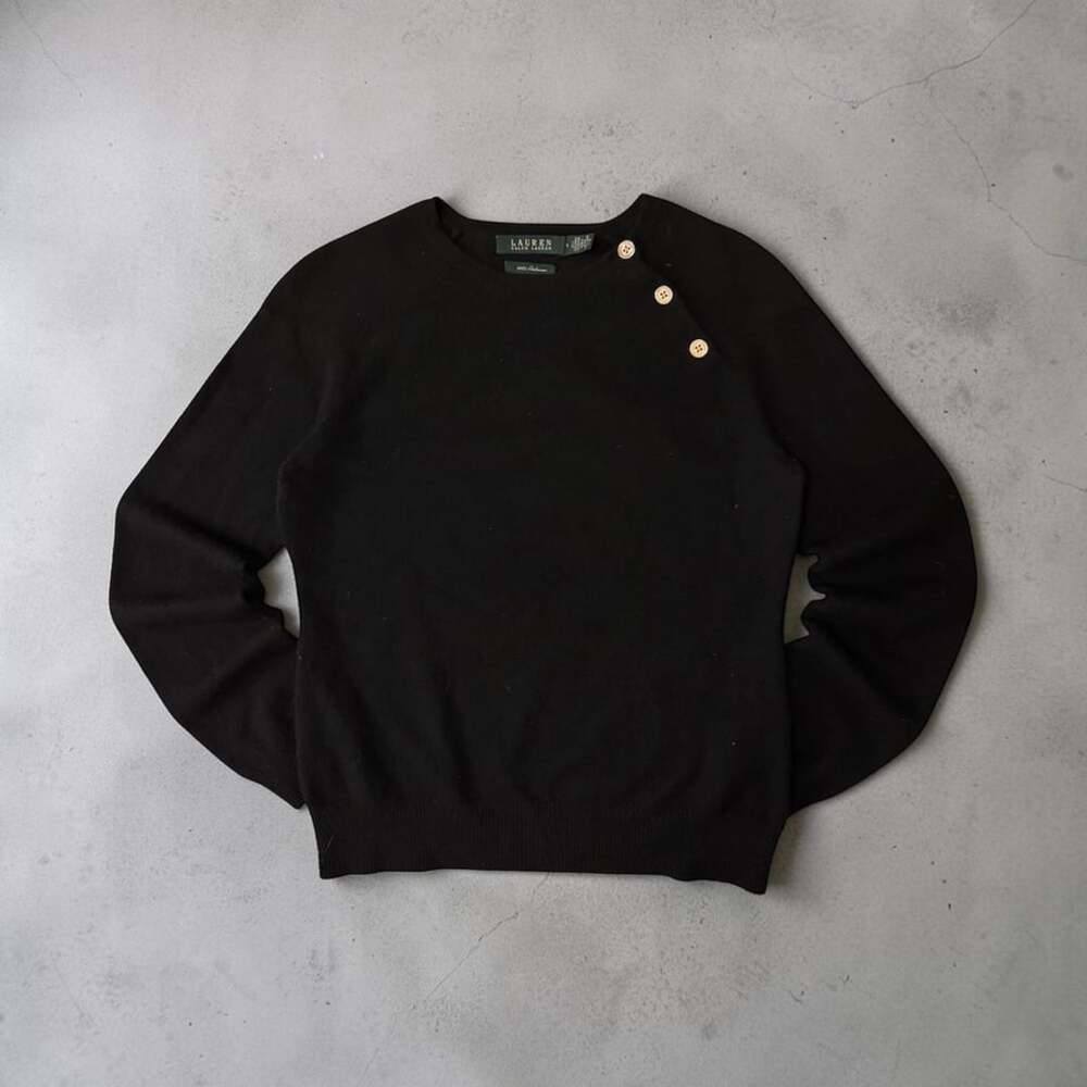 Lauren Ralph Lauren 100% Cashmere Sweater Size S Black Button Shoulder